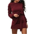 thumbnail image 1 of PVCS Fashion Women Autumn Solid Belt Long Sleeve Translucent O-Neck Mini Derss, 1 of 7