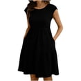 thumbnail image 2 of qolati Women Summer Dresses Crew Neck Cap Sleeve Midi Dresses Casual Ruffle Tiered Smocked Elastic Waist Flowy Sundress Beach Vacation Clothes with Pockets Black M, 2 of 6