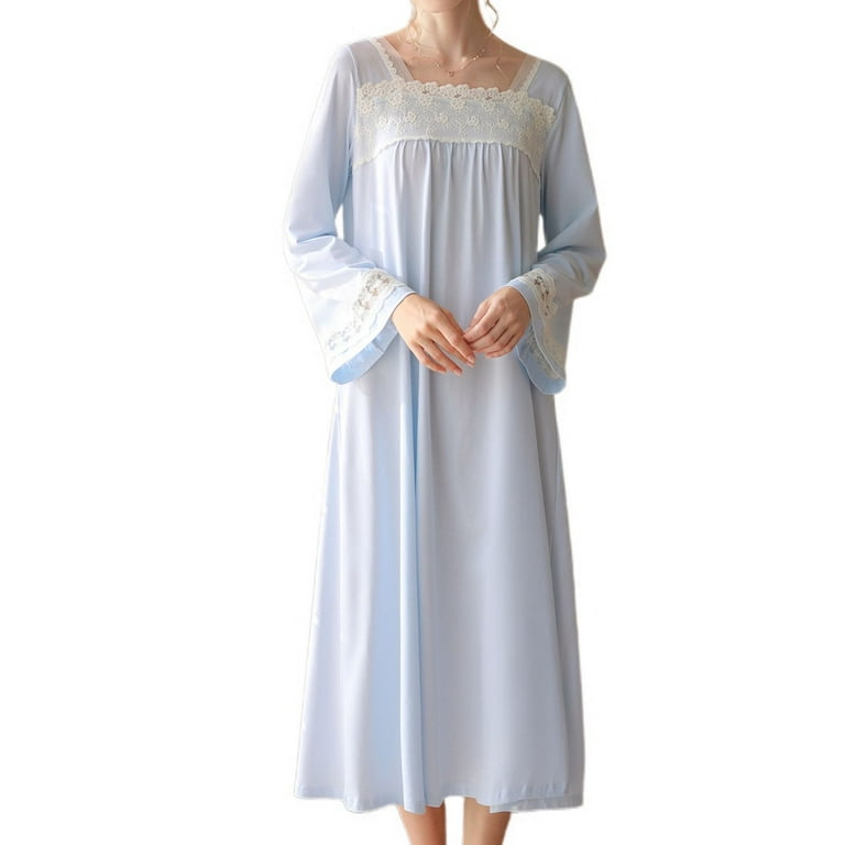 SWSMCLT Women s Long Sleeve Cotton Nightgown Long Sleeping Dress Vintage Victorian Night Gown See Through Princess Blue Large Walmart