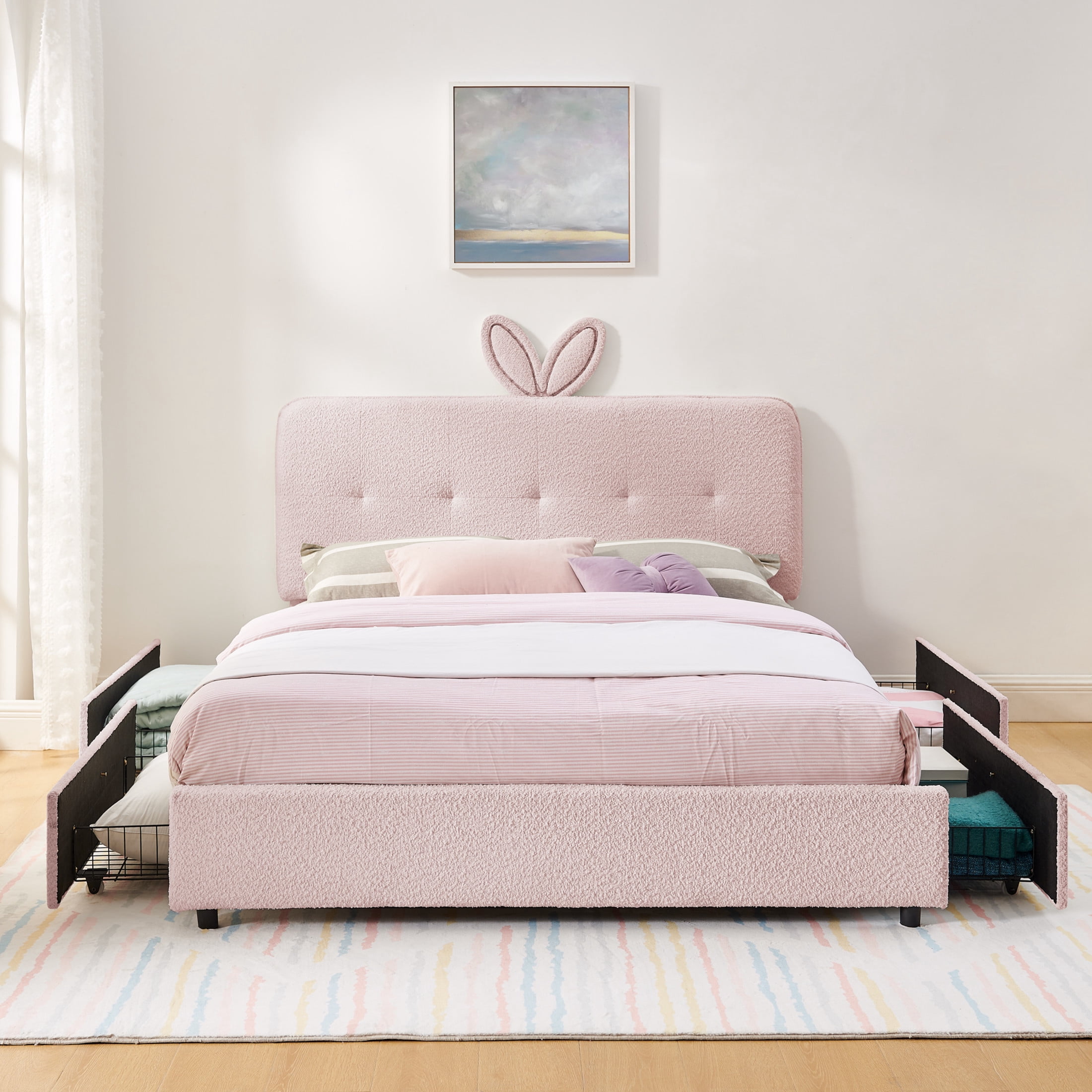 Noble House Bertis Queen Size Boucle Kids Bed, Rabbit Ear Headboard Bed Frame with LED Light and Storage Drawers, Pink