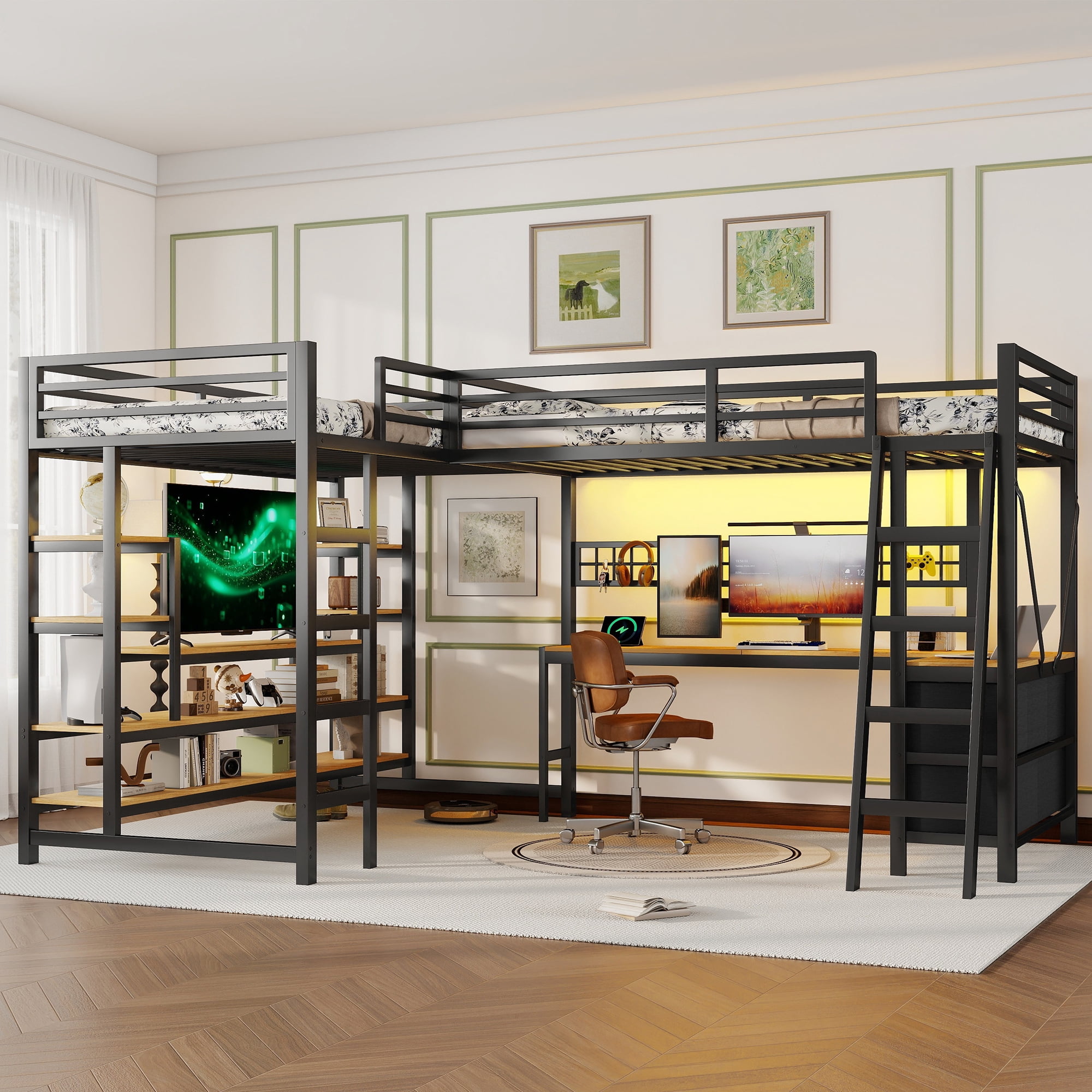 HOQBN L-Shaped Loft Bed Twin Size with 2 Built-in Desks and Show Shelves, Heavy Duty Metal Gaming Loft Bed with 5 Drawers, LED Lights, Charging Station and DIY Grid,Black