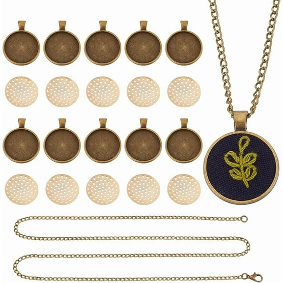 10 Sets Round Bezel Pendant Trays 1 Inch Pendant Blank Frame for Embroidery Alloy Tray Charms Bulk DIY Jewelry Making Kit for Necklace