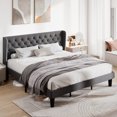 thumbnail image 2 of Allewie King Size Upholstered Platform Bed Frame with Fabric Wingback Button Tufted Headboard, Light Grey, 2 of 8
