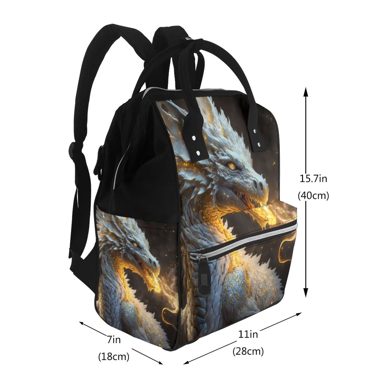 Ratiio Golden White Fire Dragon Mummy Backpack - Waterproof Twill Canvas, Large Capacity Diaper Bag with Multiple Pockets and Adjustable Straps