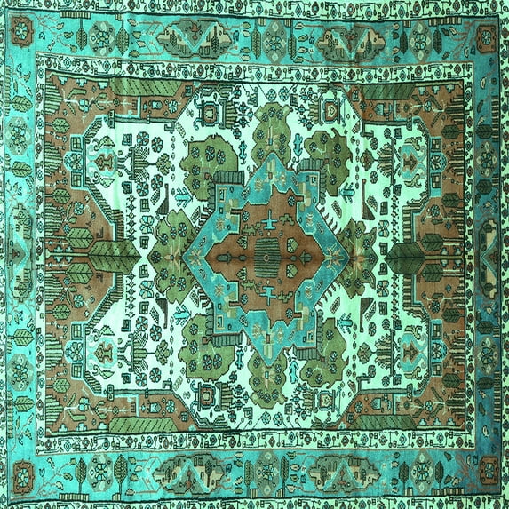 Ahgly Company Machine Washable Indoor Square Persian Turquoise Blue Traditional Area Rugs, 6' Square