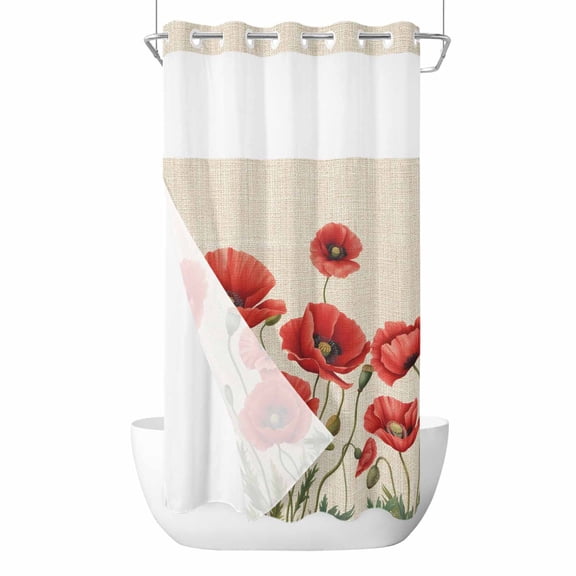 No Hook Red Poppy Shower Curtain with Snap in Liner Set, Spring Summer Farmhouse Flowers Rustic Burlap Waterproof Fabric Bathroom Curtains with See Through Top Window, Hotel Style Small 36 x 78 Inch