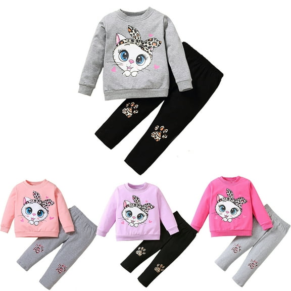 Bellafa Toddler Baby Girl 2 Pieces Long Sleeve Fall Winter Outfits Cartoon Cat Graphic Crewneck Sweatshirts   Joggers Pants Set