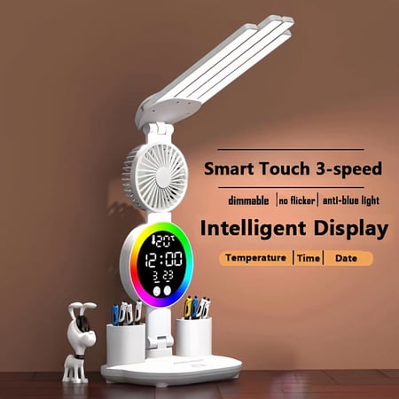 Smart Touch LED Desk Lamp with USB - Dual-Head Dimmable And Color-Changing Reading Light with Built-In Fan And Night Light Eye-Friendly Design Perfect for Home Office And Dorm Study
