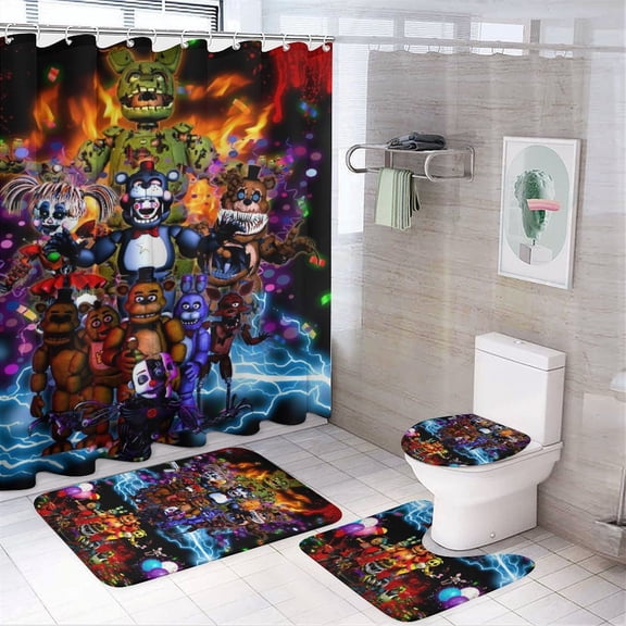 4 Pcs Five Nights At Freddy'S Bathroom Shower Curtain Sets, Polyester Shower Curtain Sets with Bath Rugs, Cartoon Waterproof Shower Curtain with 12 Hooks, Bathroom Decor Sets
