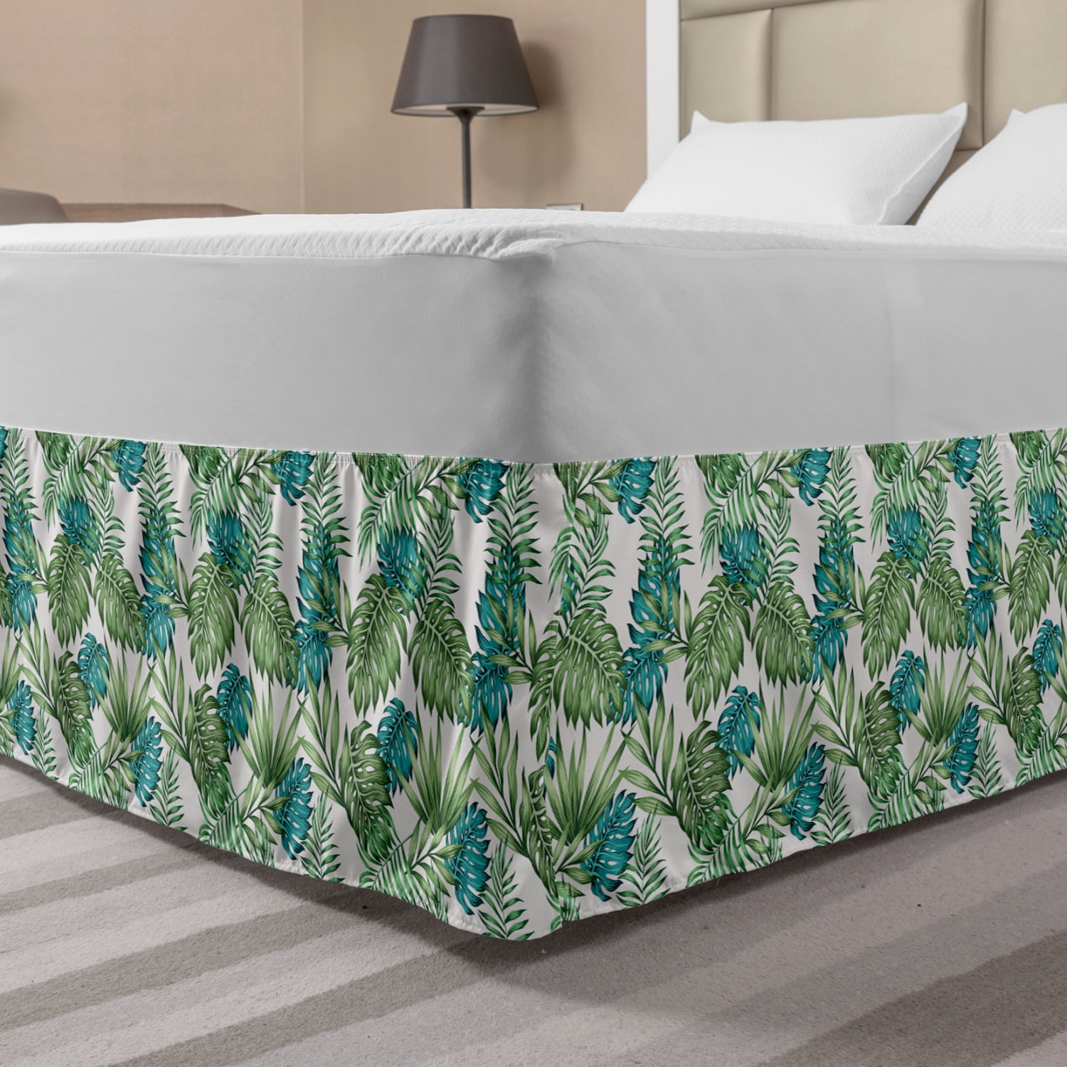 Vintage Botany Bed Skirt, Tropical Palm Tree Leaves Pattern in Blue and