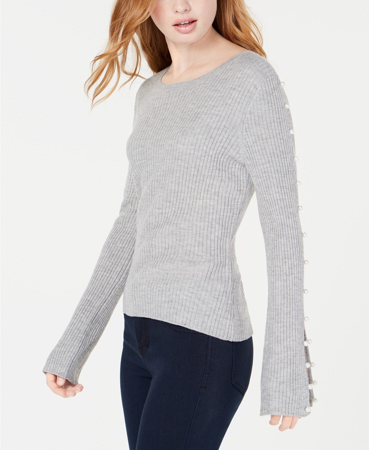 Ultra Flirt ULTRA FLIRT Juniors Faux Pearl Rib Knit Sweater Gray