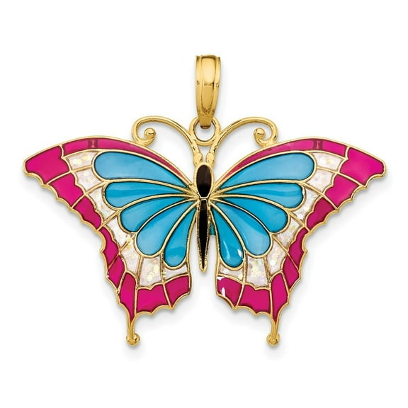 Diamond2Deal 10K Yellow Gold Blue and Red Enameled Butterfly Pendant for Women (L- 0.95 inch, W-1.23 inch)
