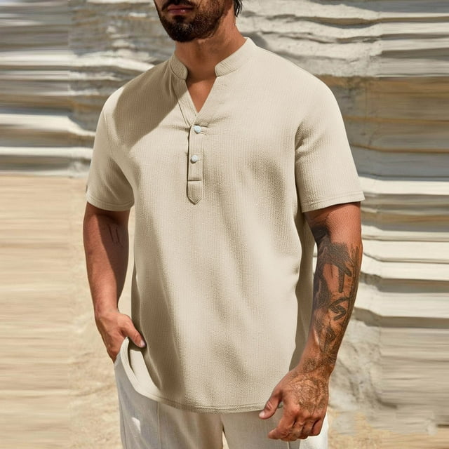 pstuiky Camisas de manga larga de invierno para hombre, Camisas de manga larga con cuello alto y botones sólidos para hombre Tops casuales para hombres m
