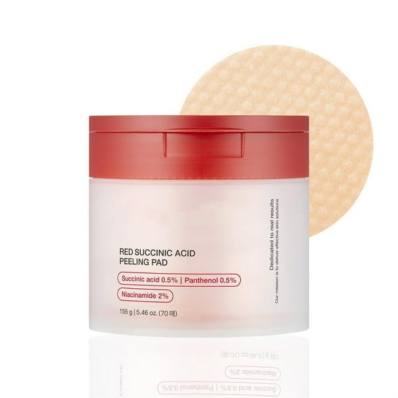 Red Succinic Acid Panthenol Facial Peeling Pads - Exfoliating Toner Pads for Breakout-Prone Skin with Niacinamide, AHA, BHA, and Soothing Panthenol - Non-Comedogenic 155g