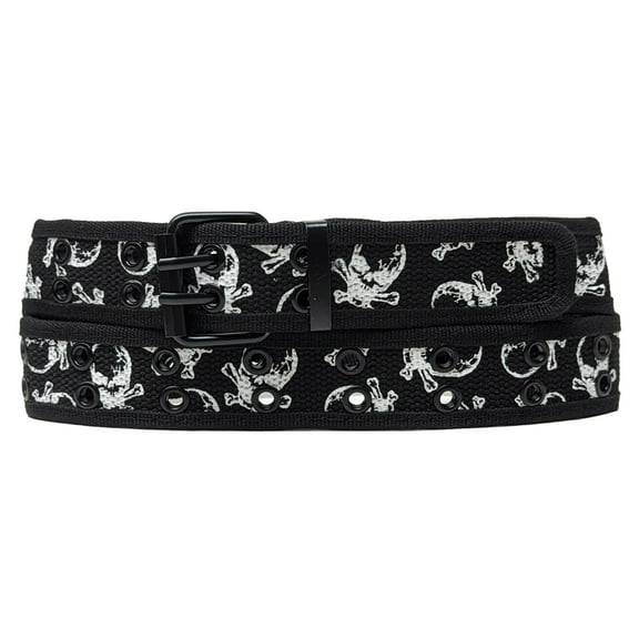 Skull Heads 2 Holes Row Metal Grommet Stitched Canvas Fabric Military Web Belt