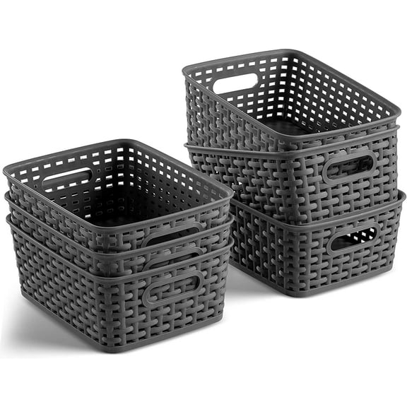 Set of 6 Plastic Storage Baskets - Small Pantry Organizer Basket Bins - Household Organizers with Cutout Handles for Kitchen Organization, Countertops, Cabinets, Bedrooms, and Bathrooms