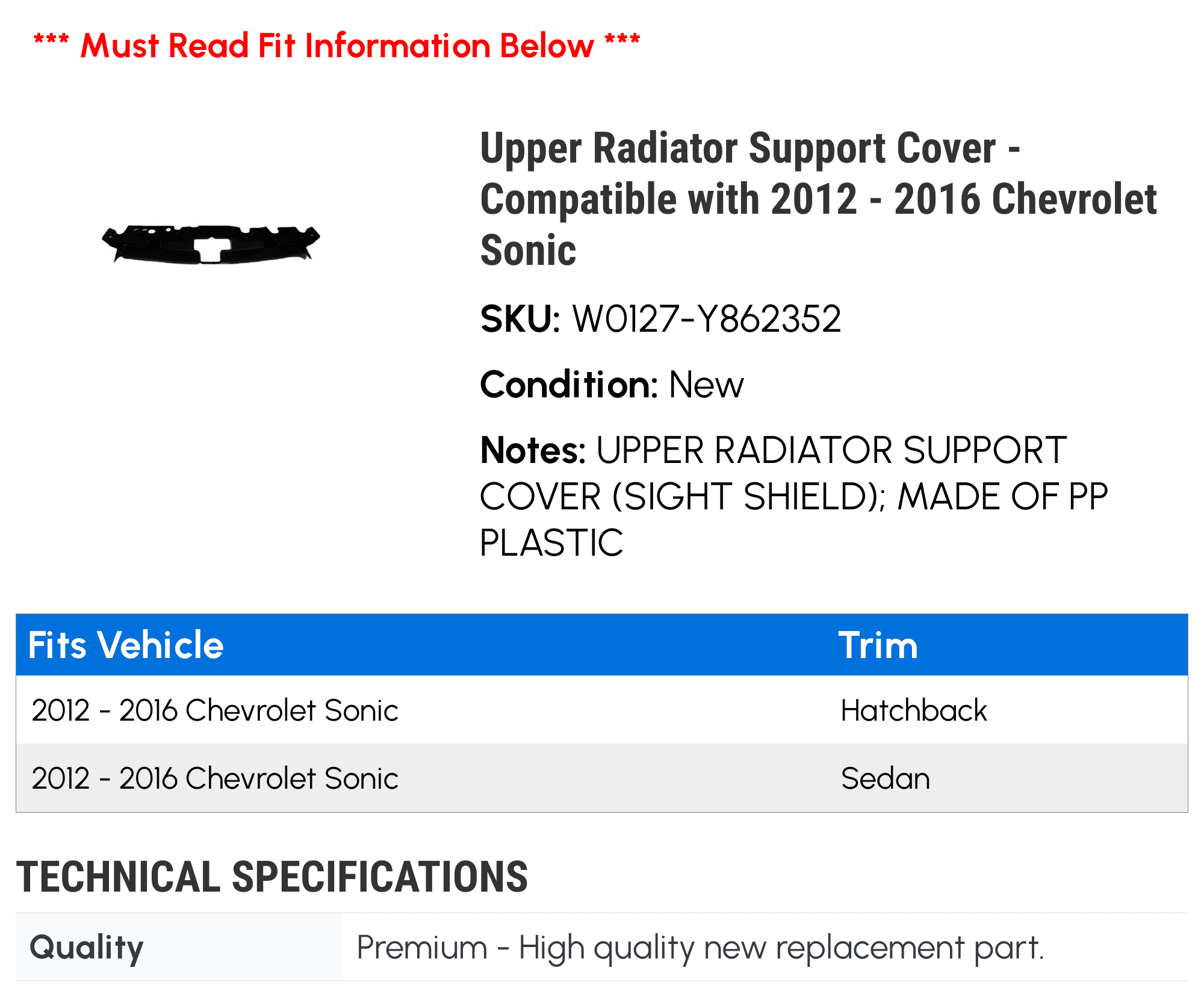 Radiator Support Cover For 2012-2016 Chevy Sonic Front Bumper Cover ...