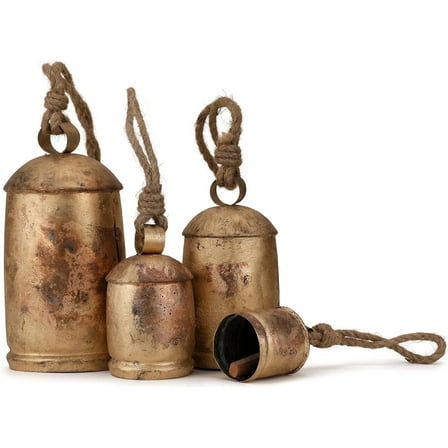 Vivanta Christmas Decor Cow Bells for Doors & Knobs - Giant Metal Hanging Decorative Bells 4s Gold, 4", 6", 8", 10"