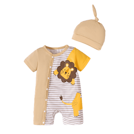 

Mikrdoo Baby Boys Clothes Summer 1 Months Newborn Boys Lion Print Splice 3 Months Boys Stripe Single Breasted Design Romper With Hat 2Pcs Romper Set