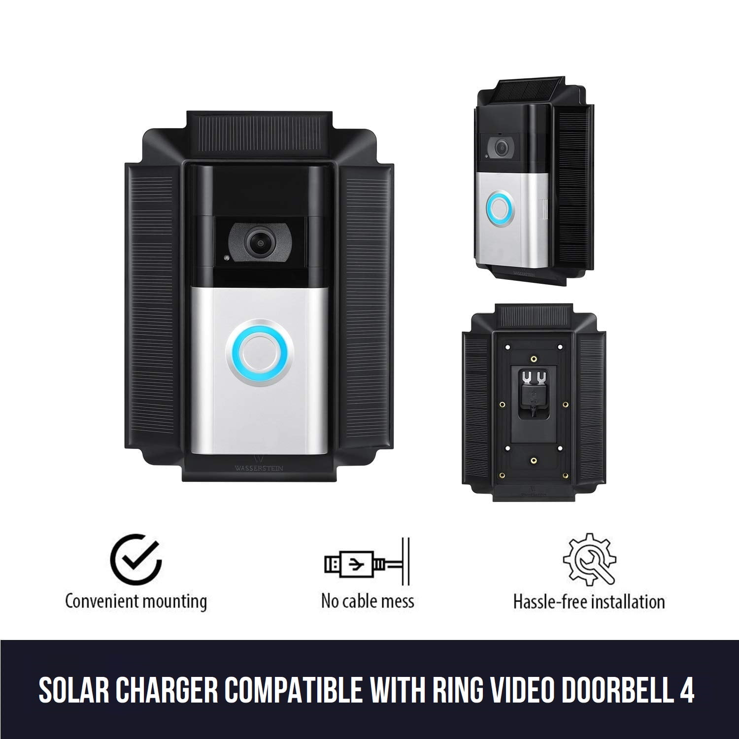 Wasserstein Solar Charger Mount Compatible with R.ing Video Doorbell 3, 3 Plus and 4, R.ing Doorbell Battery Plus and Pro (1 Pack, Black)
