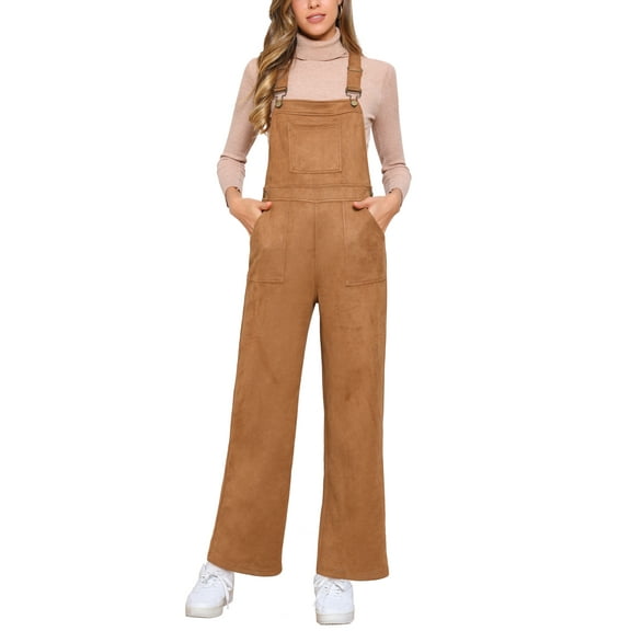 INSPIRE CHIC Faux Suede Overalls for Women's Wide Leg High Waist Adjustable Straps Casual Jumpsuit XS Brown