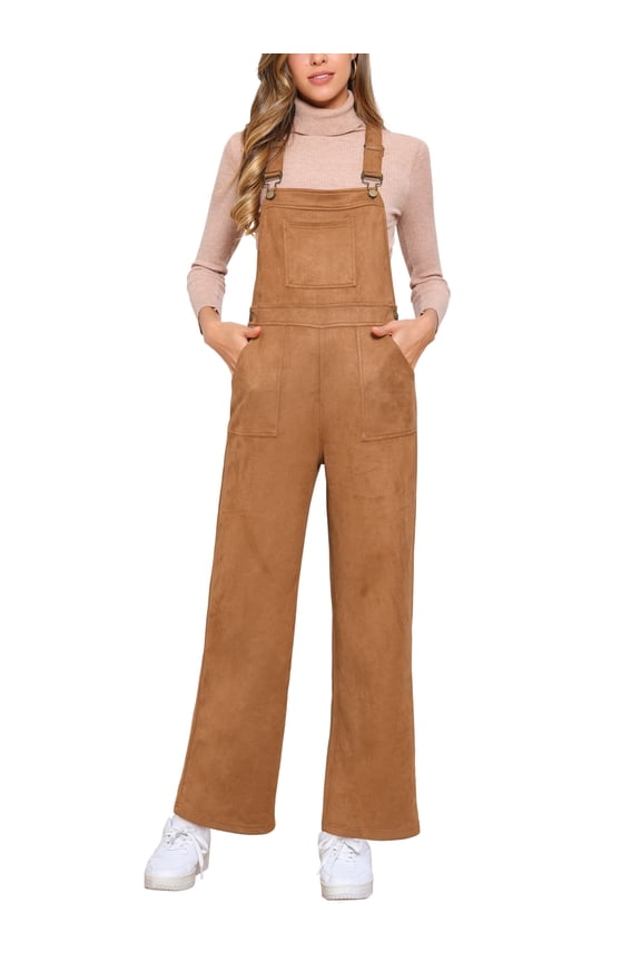 Faux Suede Overalls for Women's Wide Leg High Waist Adjustable Straps Casual Jumpsuit L Brown