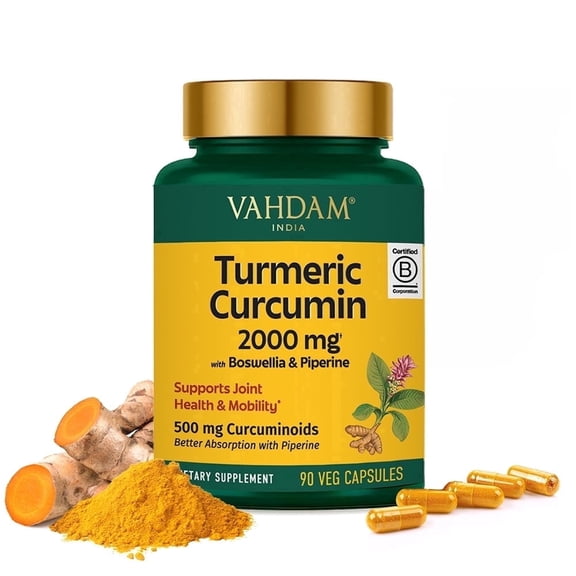 VAHDAM, Turmeric Curcumin Supplement 2000mg (500mg Curcuminoids) with Boswellia & Piperine for Fast Absorption | Supports Joint Health and Mobility | 90 Capsules