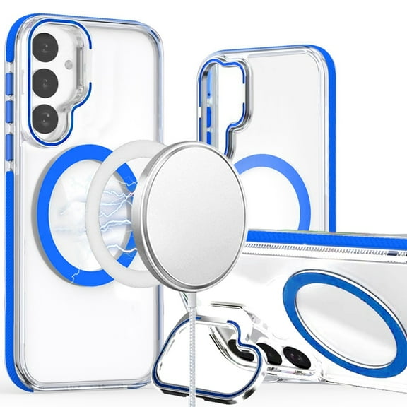 For Samsung Galaxy S24 FE /Fan Edition Hybrid Clear Invisible Camera Bracket Stand [With Magsafe Magnetic Circle] Color Frame Cover ,Xpm Phone Case [ Blue ]