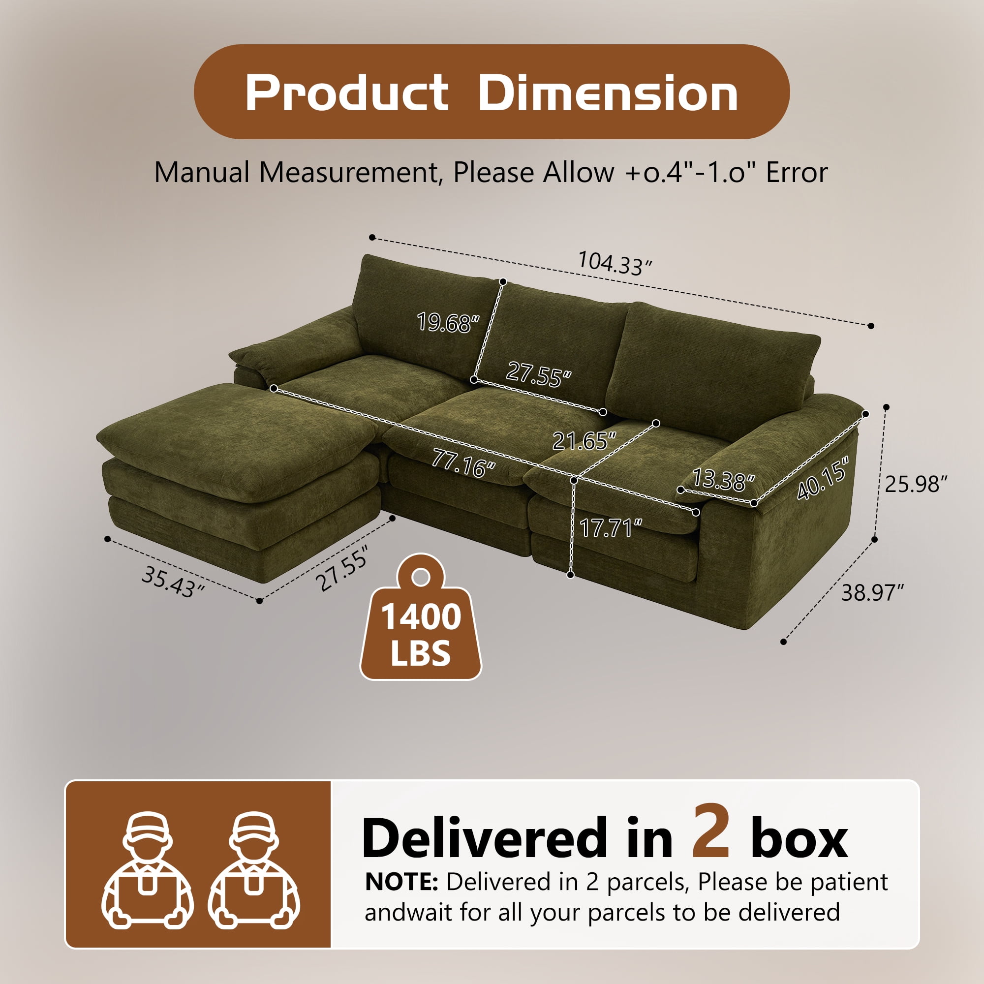 Leumius L-Shape Modular Sectional Sofa, Cloud Couch with 1 Movable Ottoman, Comfy Chenille Deep Seat Sofa with Soft Pillows for Living Room Apartment (Green)