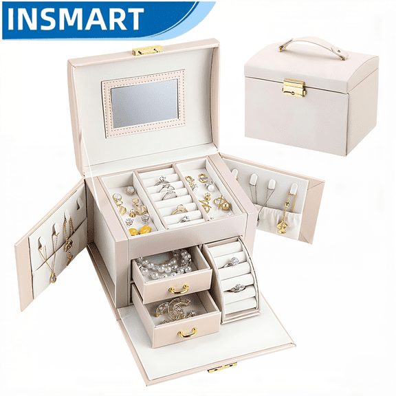 INSMART Jewelry Box, 3 Layer Leather Jewelry Organizer Boxes for Women Girls, Multi-Function Holder Drawers with Mirror, Jewelry Storage Case for Rings Earrings Necklaces Bracelets