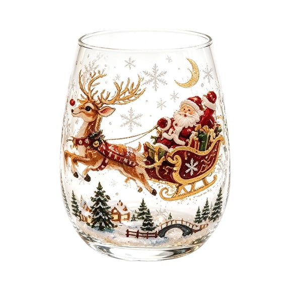 Christmas Glass Tumbler Set, 14oz Stemless Drinking Cup, Embossed Holiday Artwork Glassware, Kitchen and Party Drinkware, 4 Pcs