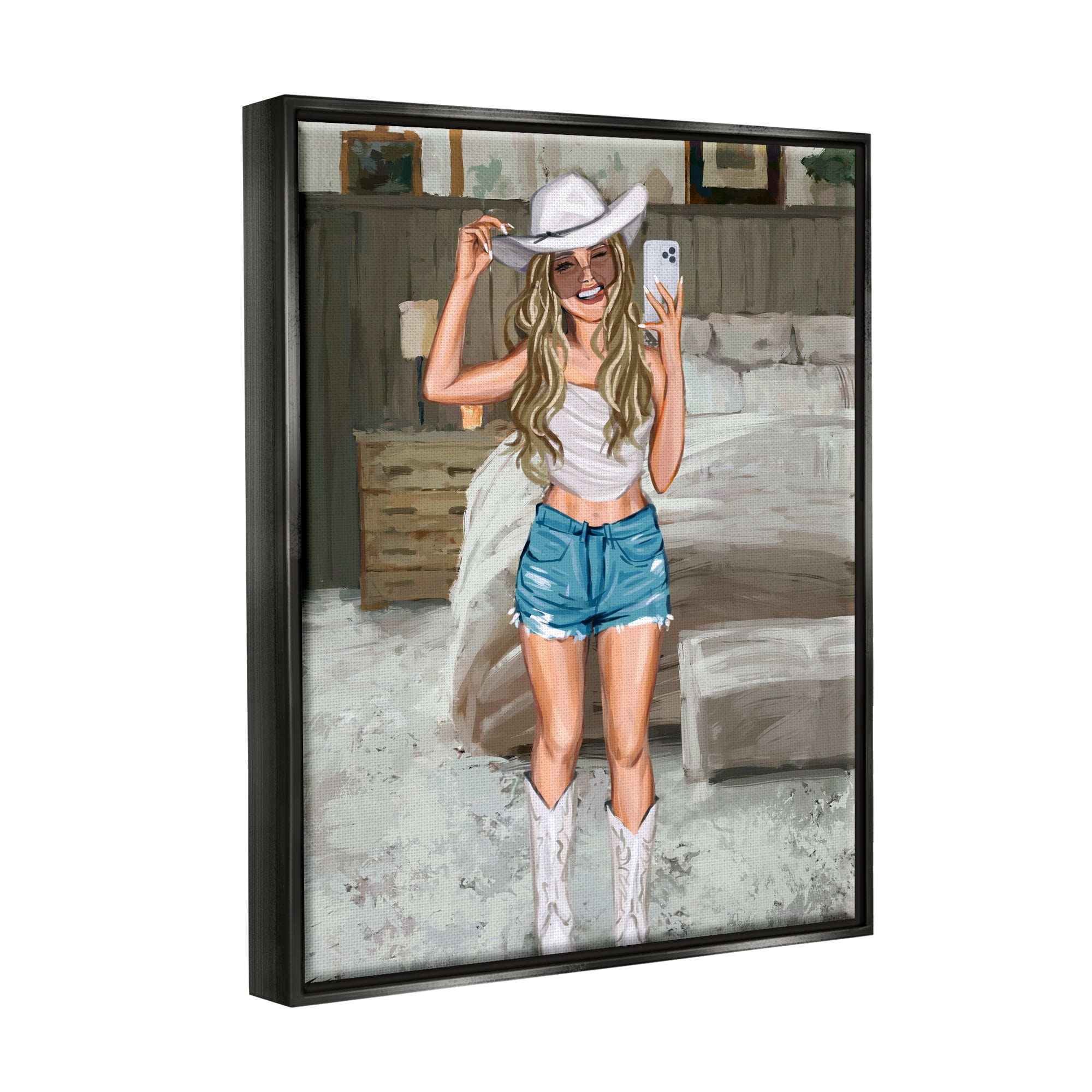 Stupell Industries Cowgirl Glam Selfie Beauty & Fashion Painting Black Floater Framed Canvas Art Print Wall Art, 25 x 31
