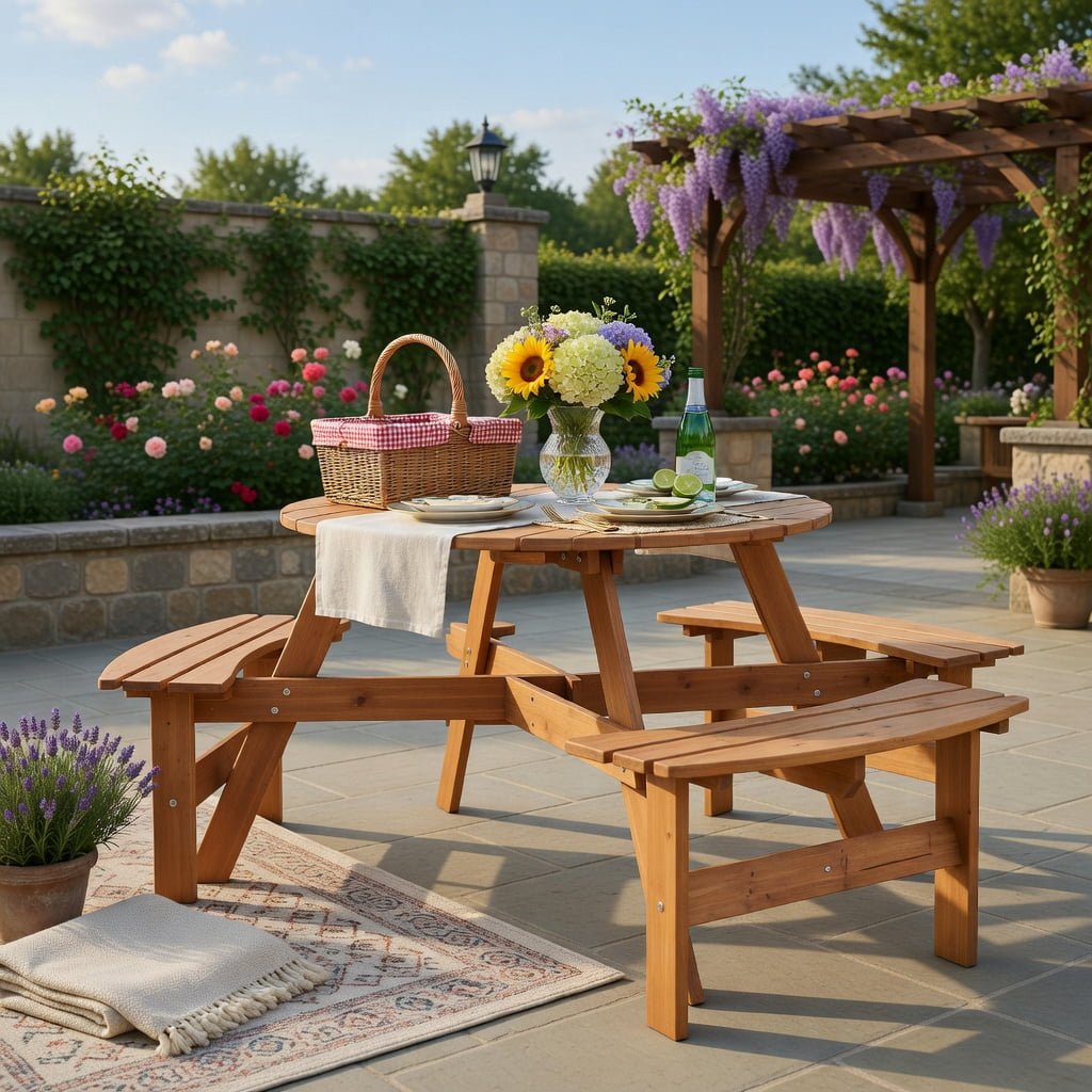 Hommoo 6-Person Round Outdoor Picnic Table Set with 3 Built-in Benches, Umbrella Hole & Weather-Resistant Fir Wood, Yellow