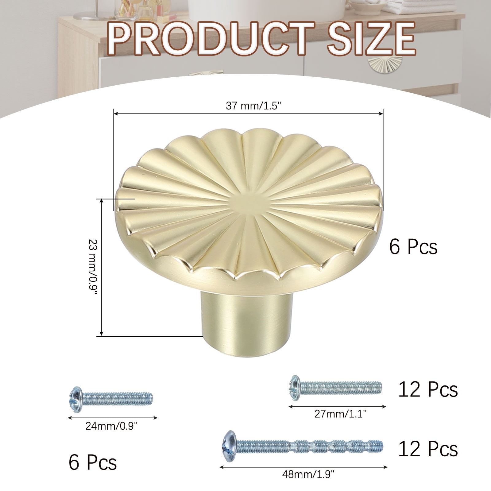 Uxcell Round Drawer Knobs Zinc Alloy Drawer Knobs Drawer Handles with Screws, 1.5 Inch Fit for Cabinets Drawers Wardrobes - Round(6 Pack, Brushed Gold)