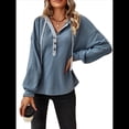 thumbnail image 3 of Sudadera con Capucha y Cordón de Color para Mujer, Cuello en V, Botones Delanteros, Suelta, Informal, de Larga, para Vacaciones de Otoño Azul M, 3 of 9