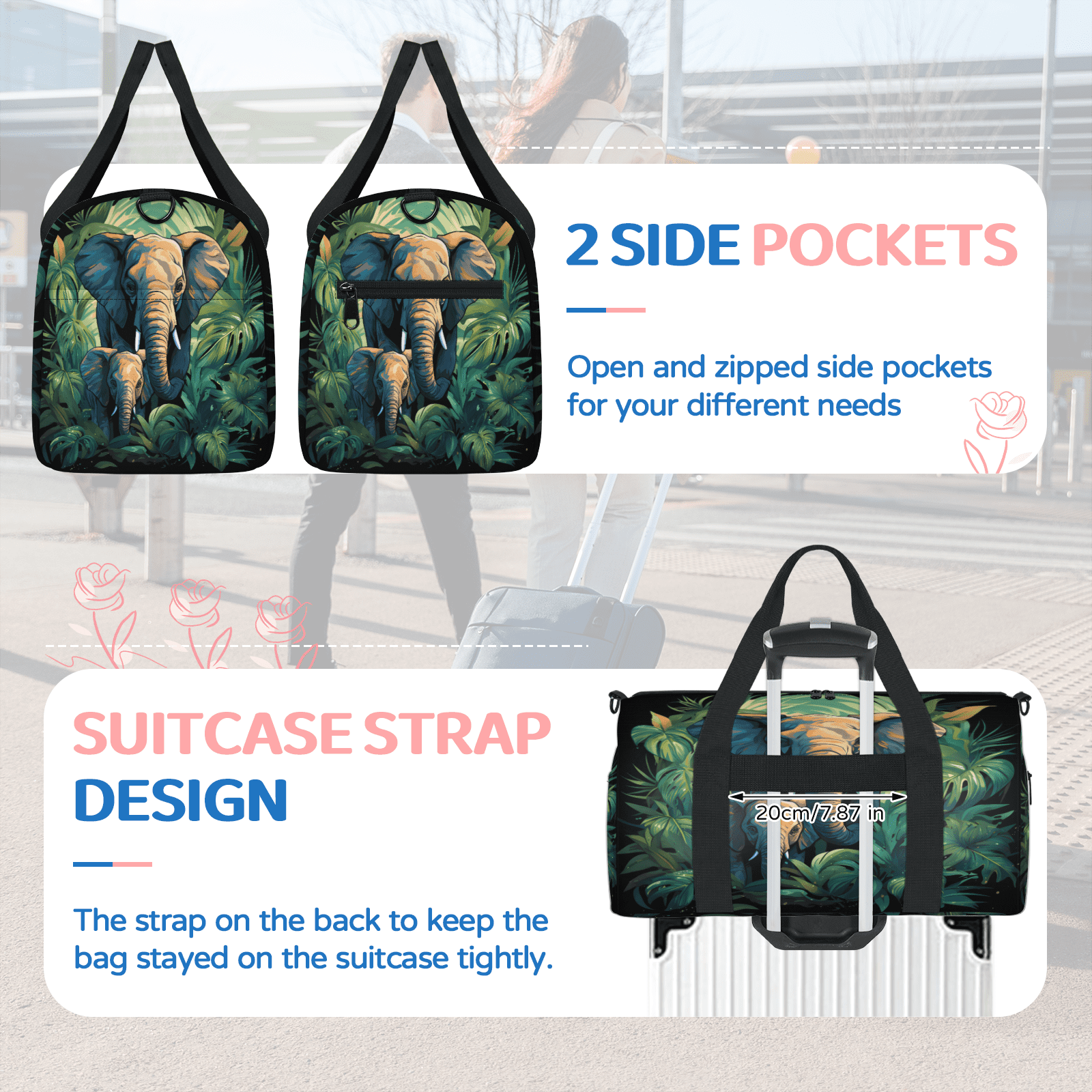 Herdesigns Jungle Elephant Gym Bag for Women, Duffle Bag for Travel Sport, Lightweight Waterproof Carry on Weekender Overnight Dance Yoga Workout Bags