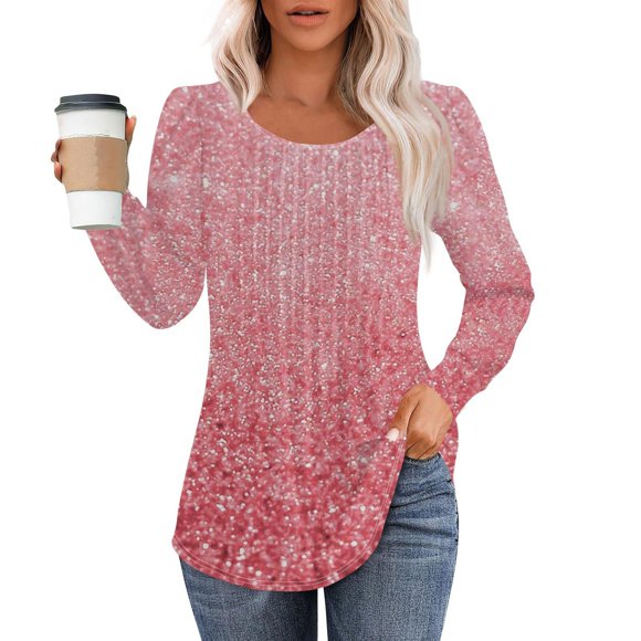 My Items Shirts for Women Women's Long Sleeve Shirts Women's Long Sleeve Top Fashion Casual Fold Low Round Neck Printed T Shirt M