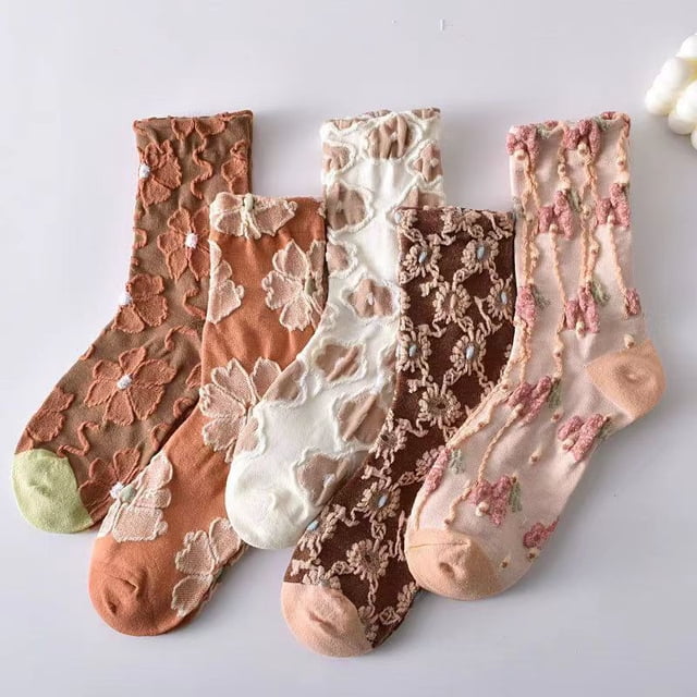Xiao Hua 5 pares de calcetines florales para mujer, calcetines de algodón con rayas nórdicas y flores, calcetines retro bonitos y dulces con flores para niñas 5-c