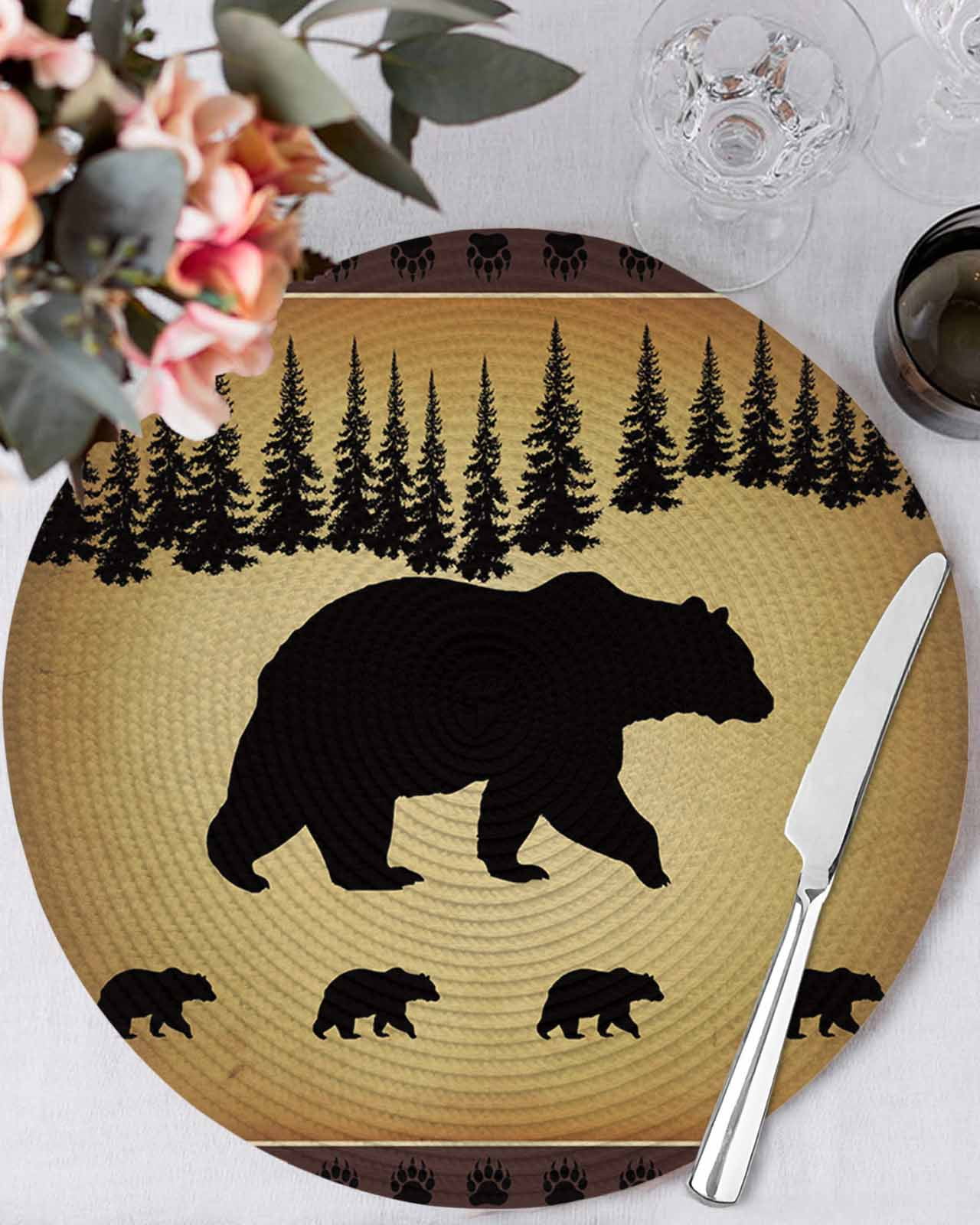 Black Vintage Forest Bear Round Table Placemats set of 6, Country Farmhouse Pine Washable Woven Place Mats for Dining Tables Kitchen Party Decor,Heat Proof, 13in, Brown