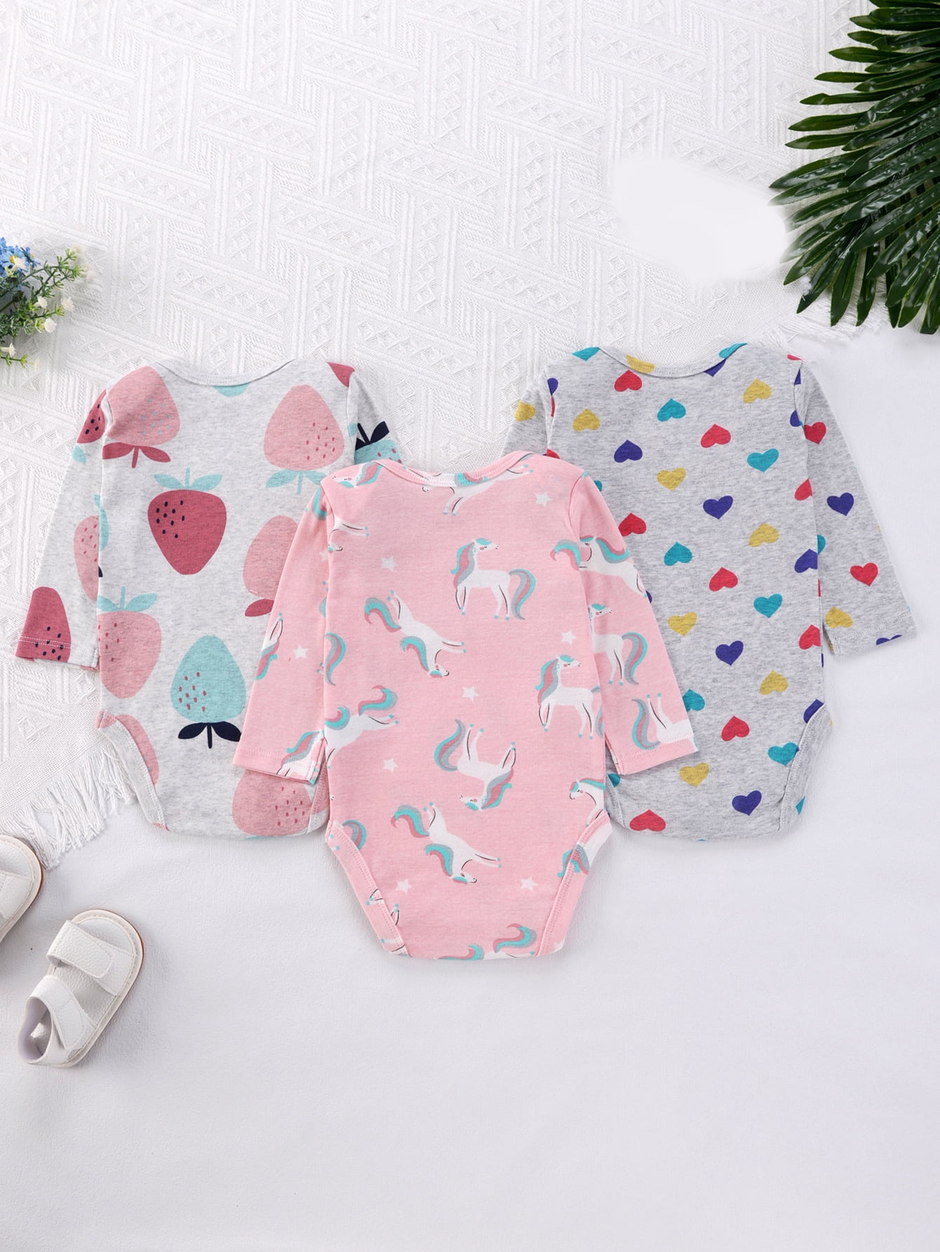 Bellafa 3-pack Long Sleeve Bodysuits One-piece 100% Organic Cotton for Infant Girls Floral Unicorn Onesies Baby Romper