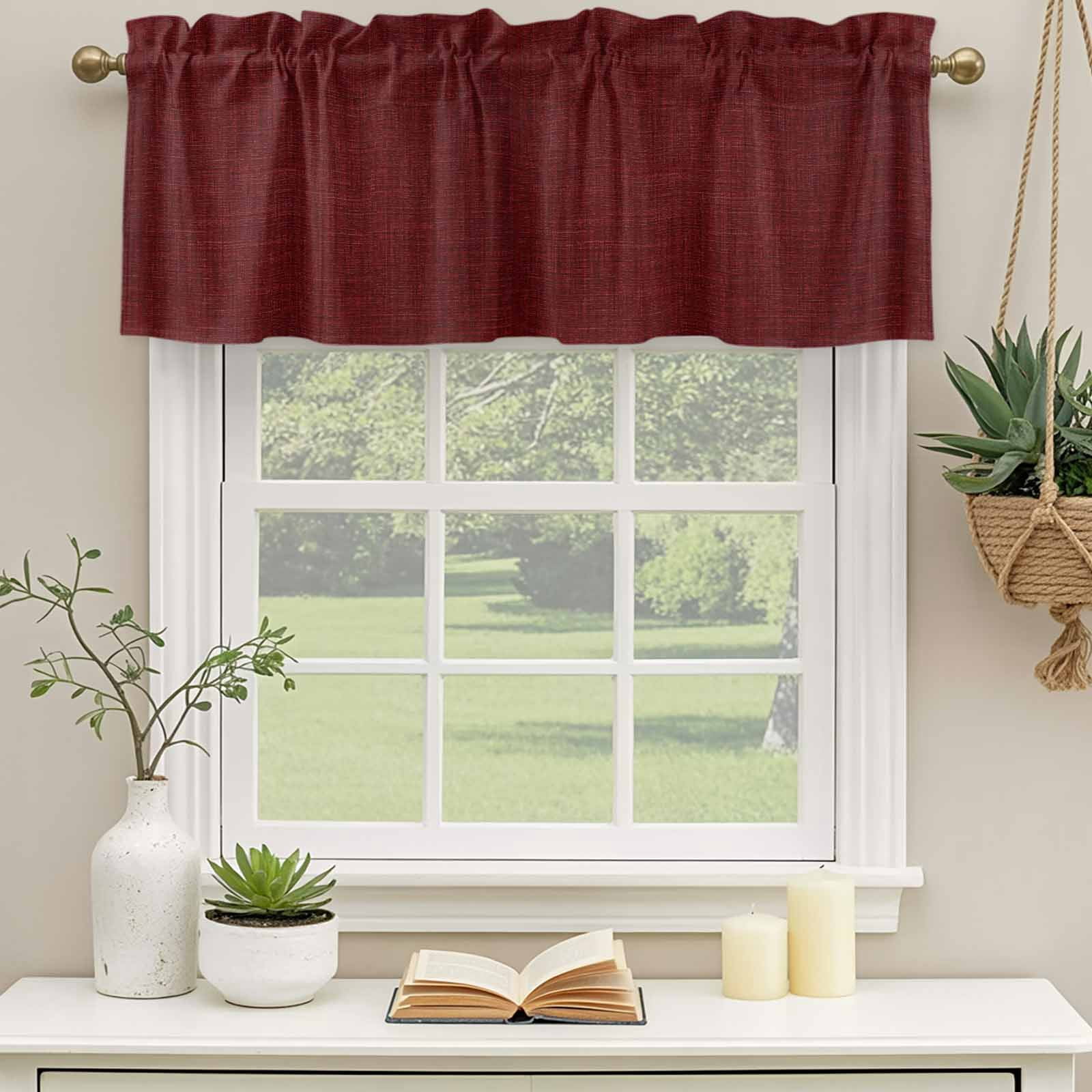 2 Pack Valances for Windows, Vintage Dark Red Window Valances for Living Room/Bedroom/Bathroom, Farmhouse Retro Solid Color Linen Texture Light Filtering Kitchen Curtain Valance 42"W x18" L