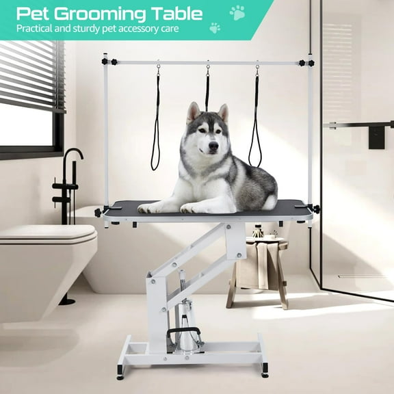Huloretions 43.3" Hydraulic Dog Grooming Table for Pet, Heavy Duty Structural Hydraulic Max Load 350Lbs Professional Pet Grooming Table with Adjustable Overhead Arm & Noose Height Range 22''-39''