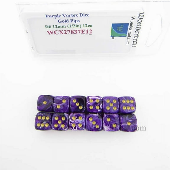 Purple Vortex Dice with Gold Pips 12mm (1/2in) D6 Pack of 12 Wondertrail