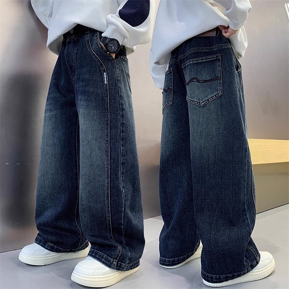 Baggy Jeans for Boy Stretchy Wide Leg Casual Denim Pants Classic Comfortable Long Trousers Kids Everyday Wear 7-8 Years