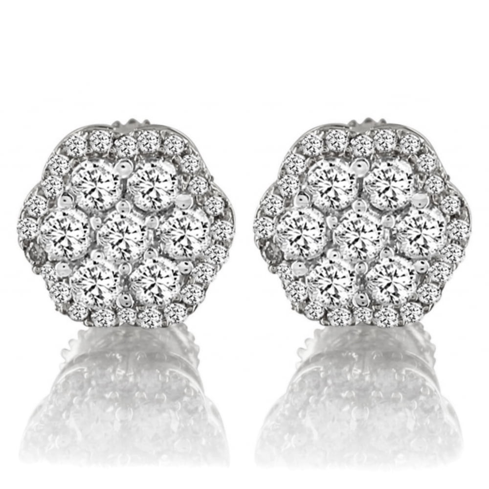 Large White Gold 925 Sterling Silver Flower Cluster Hip Hop Stud Screw Back Earrings