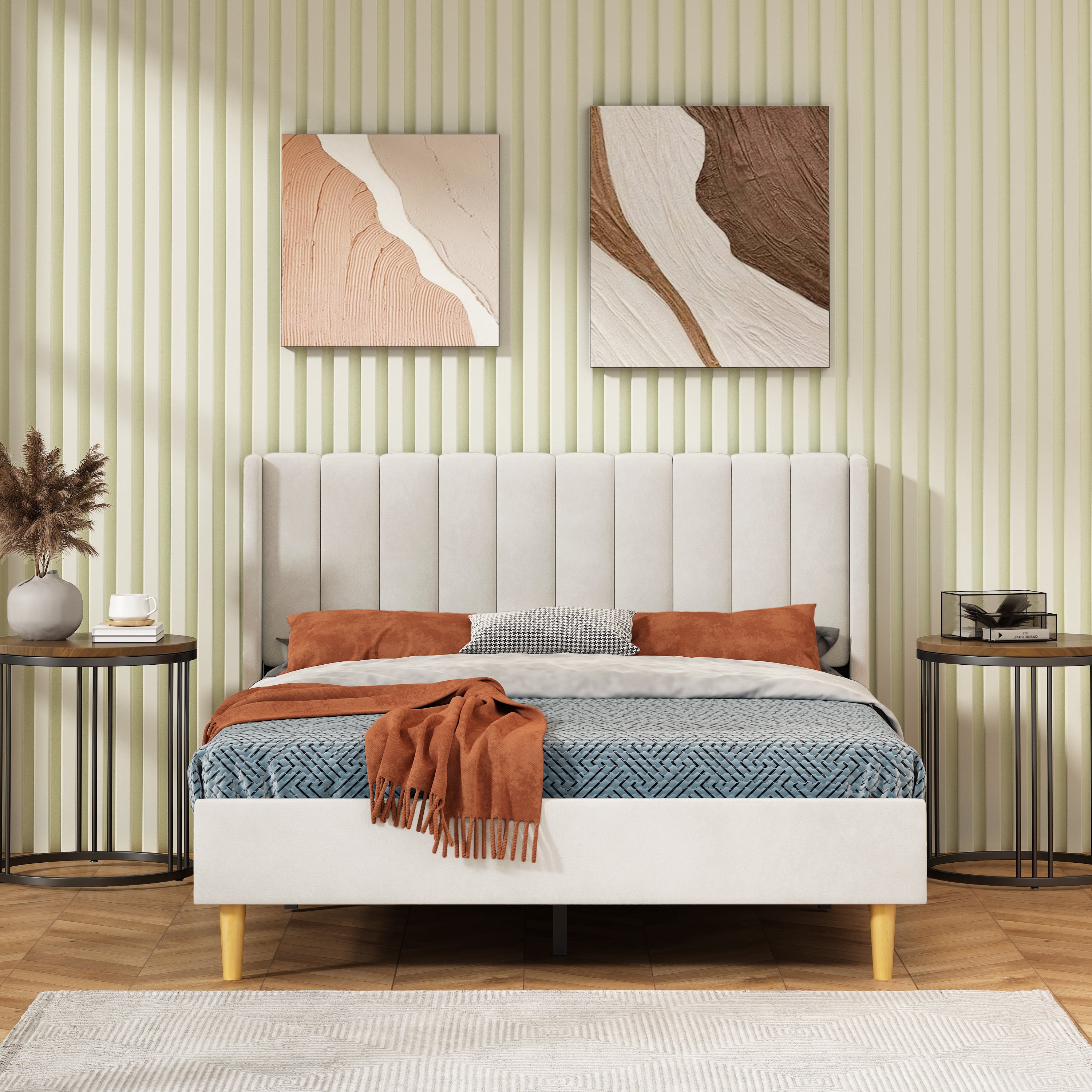Queen Size Upholstered Bed Frame,40.9" High Headboard,Strong Metal Frame,Wooden Slats Support,No Box Spring Needed,Easy Assembly,Velvet Fabric,Cream
