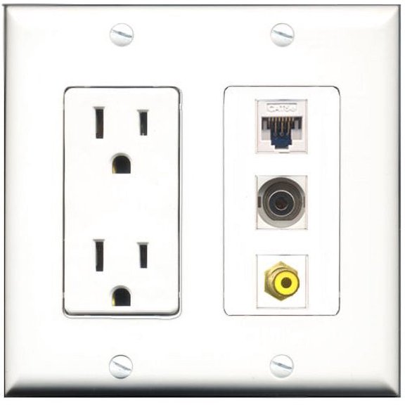 RiteAV - 15 Amp Power Outlet 1 Port RCA Yellow 1 Port 3.5mm 1 Port Cat5e Ethernet White Decorative Wall Plate