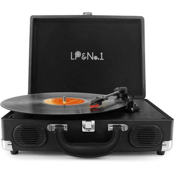 LP&No.1 Portable Suitcase Record Player with Stereo Speaker,3 Speeds Belt-Drive  Turntable for Vinyl Records,Black 