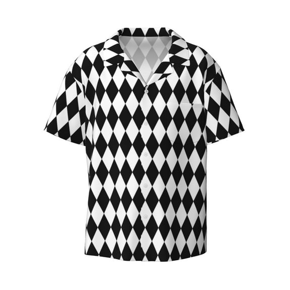 Ratiio Black And White Diamonds Print Mens Casual Short Sleeve Shirts Button Down Textured Shirts Summer Beach Shirt with Pocket Men's Casual Short-sleeved Shirt
