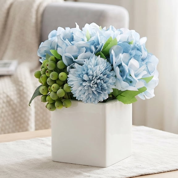 Artificial Hydrangea Bouquet in Ceramic Vase, Silk Fake Flowers Arrangement for Home Decor, Wedding, Office, Table Centerpiece, Party